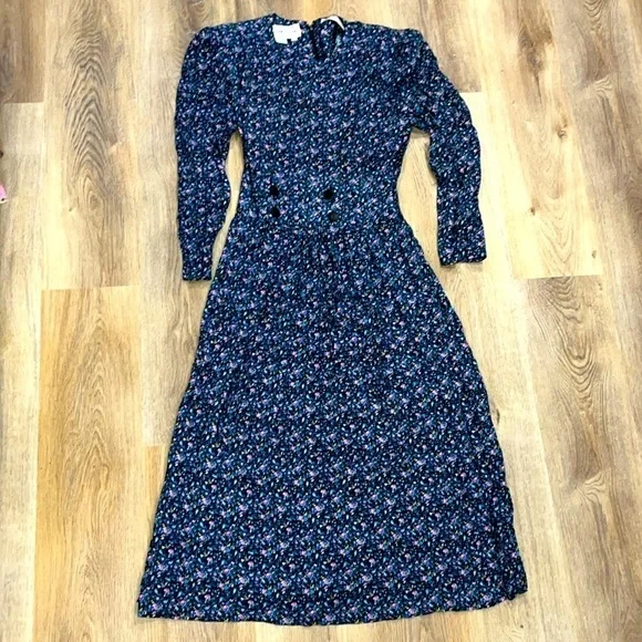 Gorgeous Vintage Karin Stevens Rayon  Floral Zip Shirred Waist Back Midi Dress 8 - Picture 3 of 6